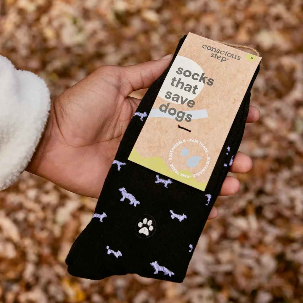 Conscious Step Socks That Protect Dogs, black with white dogs and paw print. Organic. Fair trade.