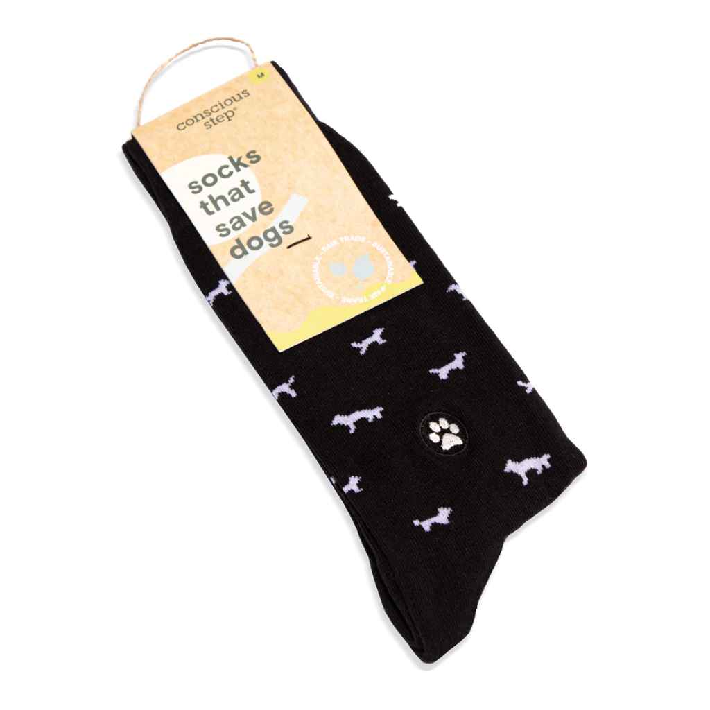 Conscious Step Socks That Protect Dogs, black with white dogs and paw print. Organic. Fair trade.