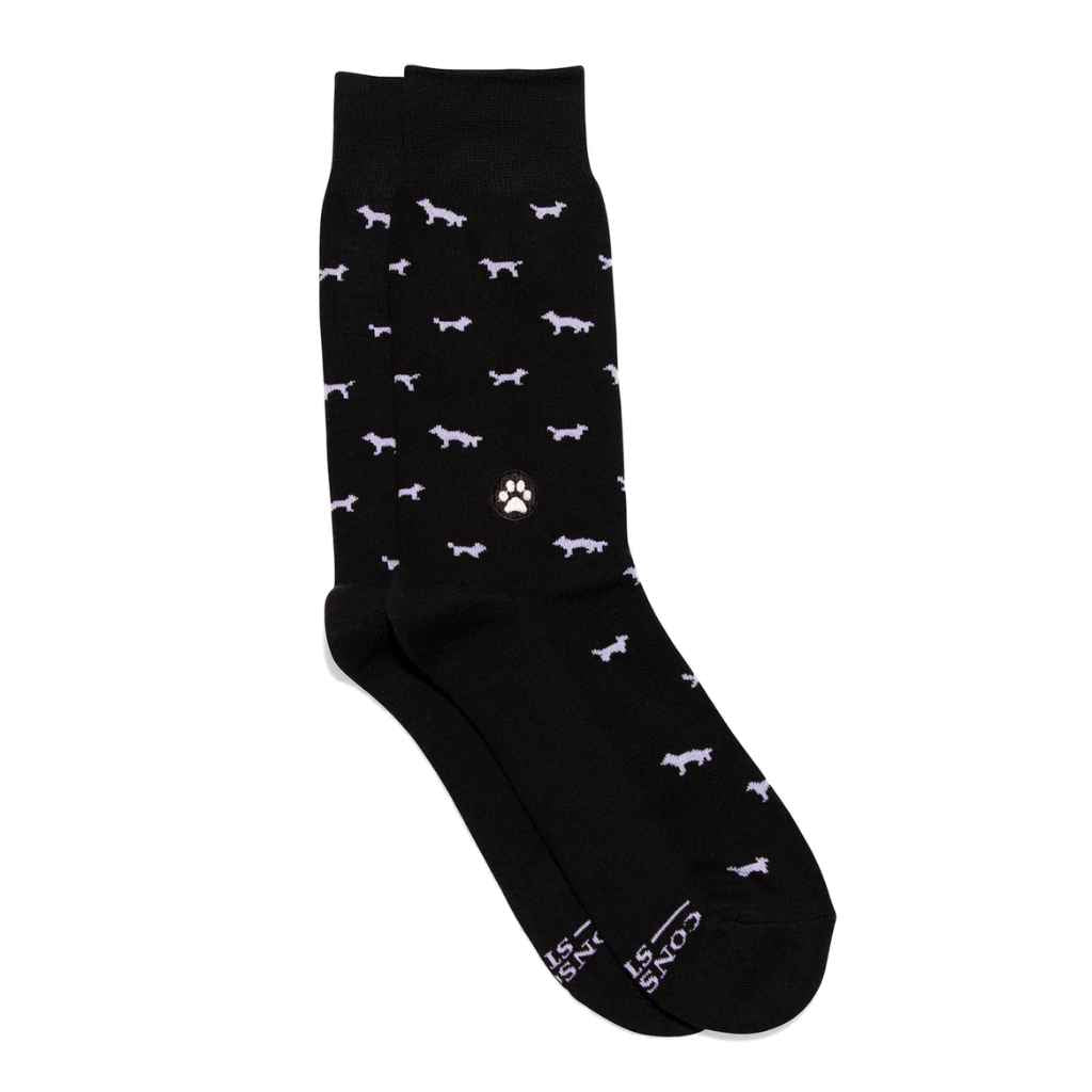 Conscious Step Socks That Protect Dogs, black with white dogs and paw print. Organic. Fair trade.