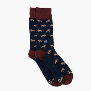 Conscious Step Socks That Protect Moose, navy blue and maroon with moose. Organic. Fair trade.