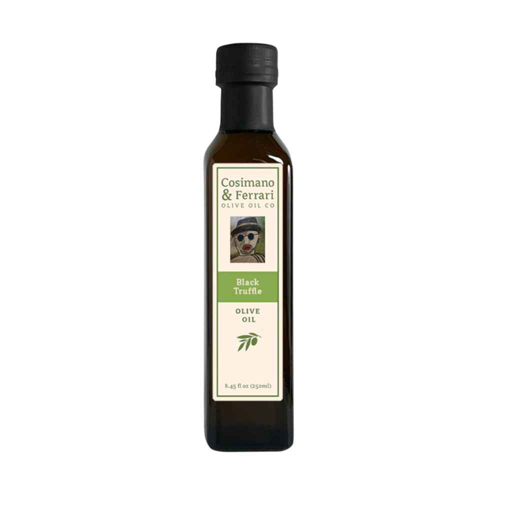 Cosimano &amp; Ferrari Olive Oil Co., 100% Pure Extra Virgin Olive Oil, with all natural Black Truffle flavoring. 8.45 fl oz. Made in USA.