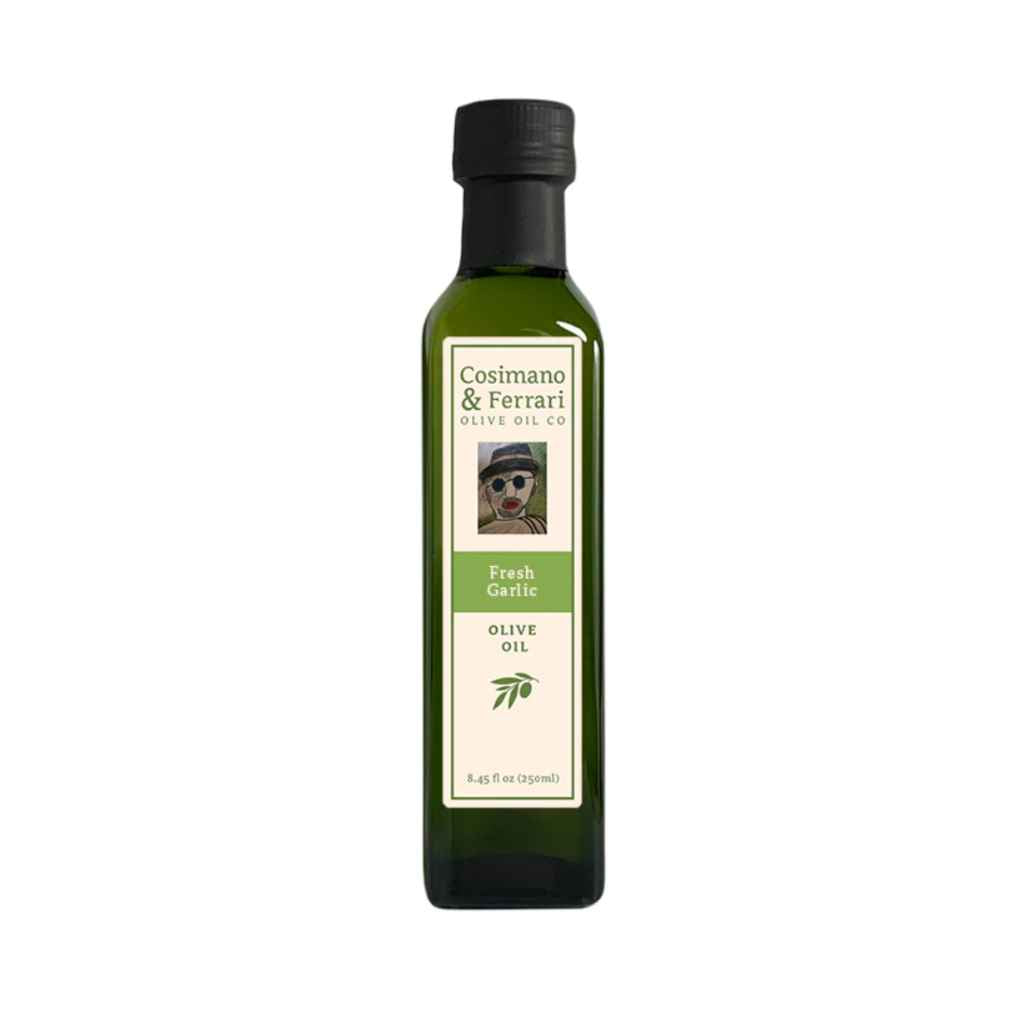 Cosimano &amp; Ferrari Olive Oil Co., 100% Pure Extra Virgin Olive Oil, with all natural Fresh Garlic flavoring. 8.45 fl oz. Made in USA.