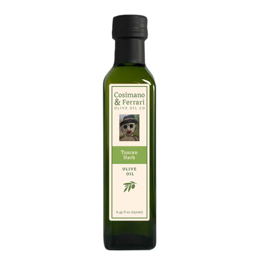 Cosimano &amp; Ferrari Olive Oil Co., 100% Pure Extra Virgin Olive Oil, with all natural Tuscan Herb flavoring. 8.45 fl oz. Made in USA.