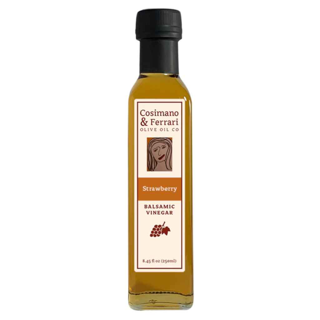Cosimano & Ferrari Olive Oil Co., Flavored balsamic vinegar, with all natural Strawberry flavoring. 8.45 fl oz. grown in Italy, bottled in NY, USA.