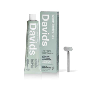 tube of toothpaste with box and metal turn key, Davids Premium Toothpaste 5.25oz in Natural Peppermint