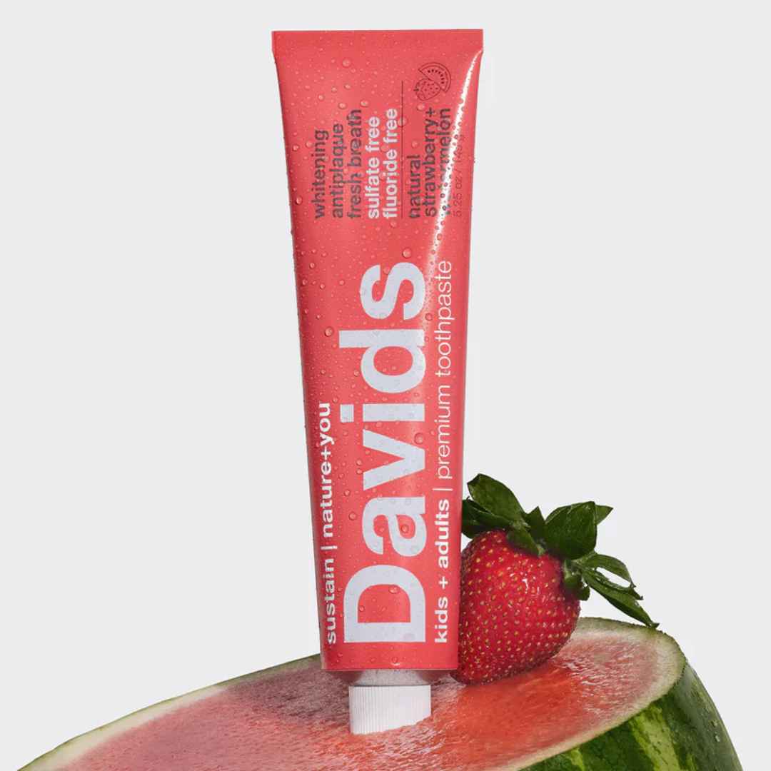 Davids Premium Toothpaste | Strawberry Watermelon Premium Natural Toothpaste for Kids + Adults. Comes in a red tube with a metal tube key.