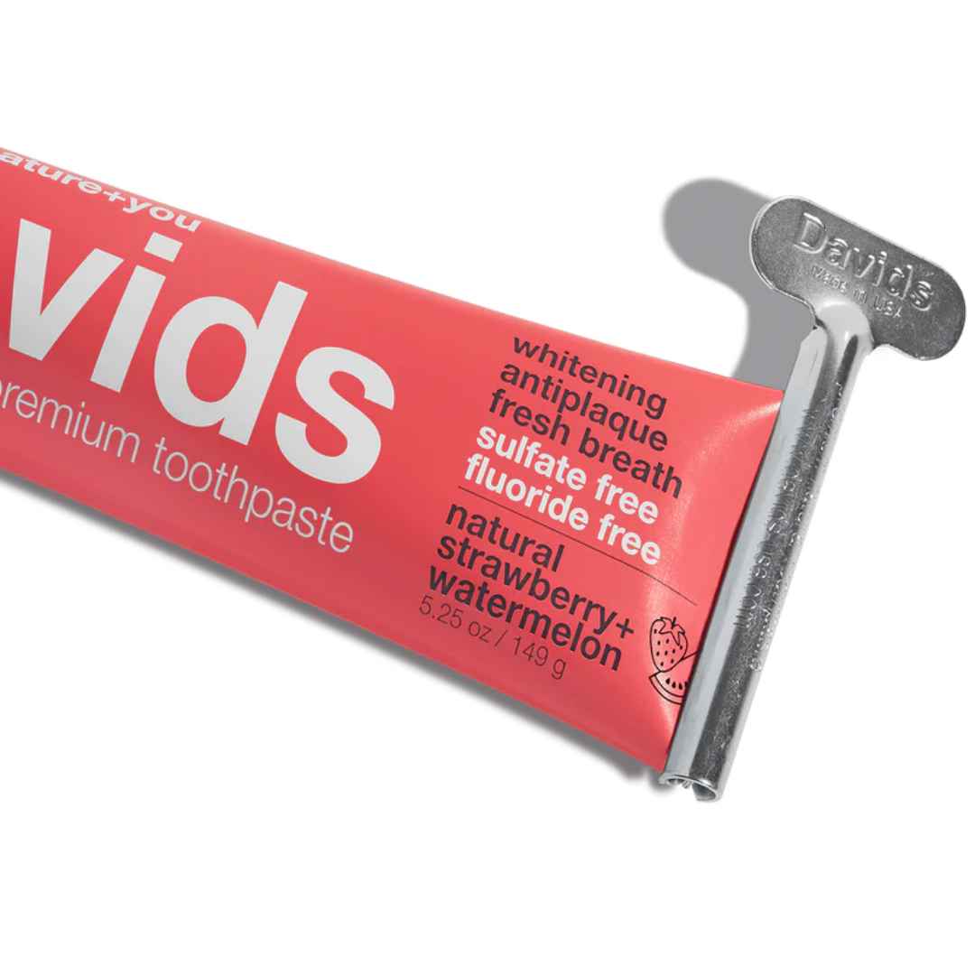 Davids Premium Toothpaste | Strawberry Watermelon Premium Natural Toothpaste for Kids + Adults. Comes in a red tube with a metal tube key.