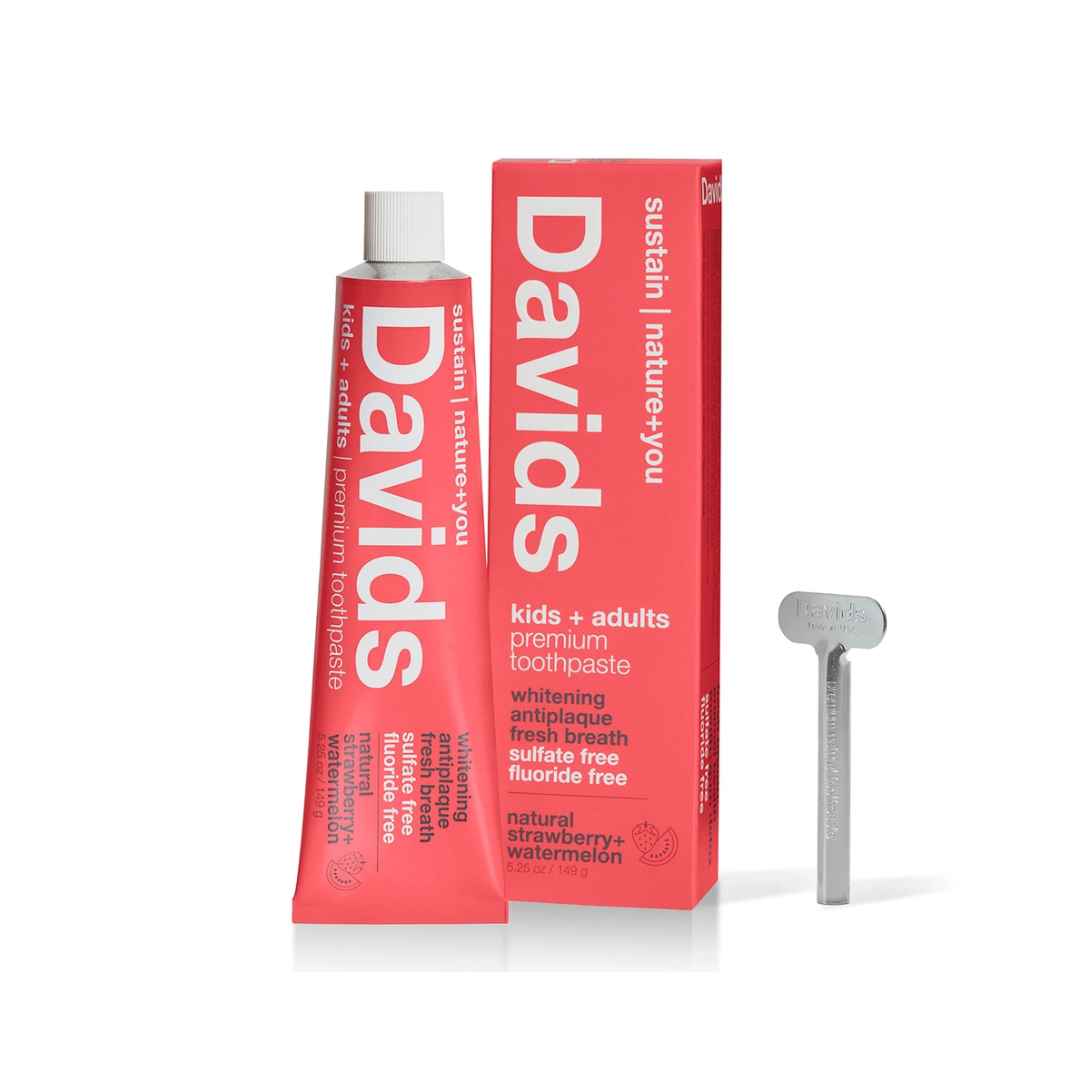 Davids Premium Toothpaste | Strawberry Watermelon Premium Natural Toothpaste for Kids + Adults. Comes in a red tube with a metal tube key.