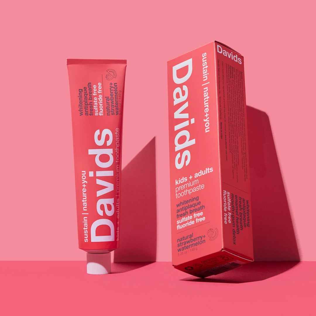 Davids Premium Toothpaste | Strawberry Watermelon Premium Natural Toothpaste for Kids + Adults. Comes in a red tube with a metal tube key.