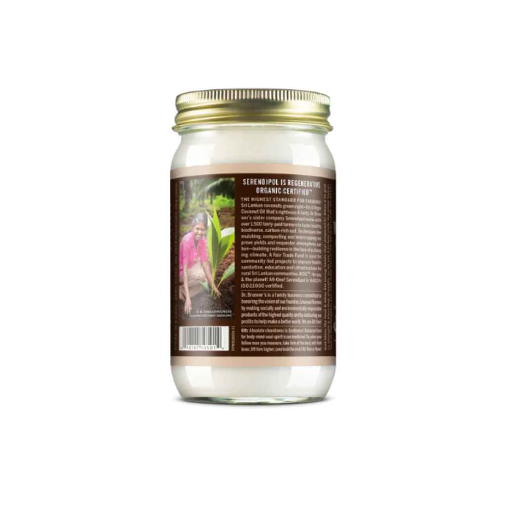Dr. Bronner's Whole Kernel Virgin Coconut Oil - regenerative organic certified coconut oil - 14 fl oz glass jar - back label