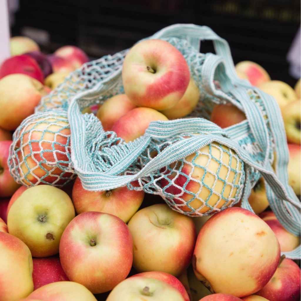 striped natural and blue market string bag full of apples sitting on mound of apples at market