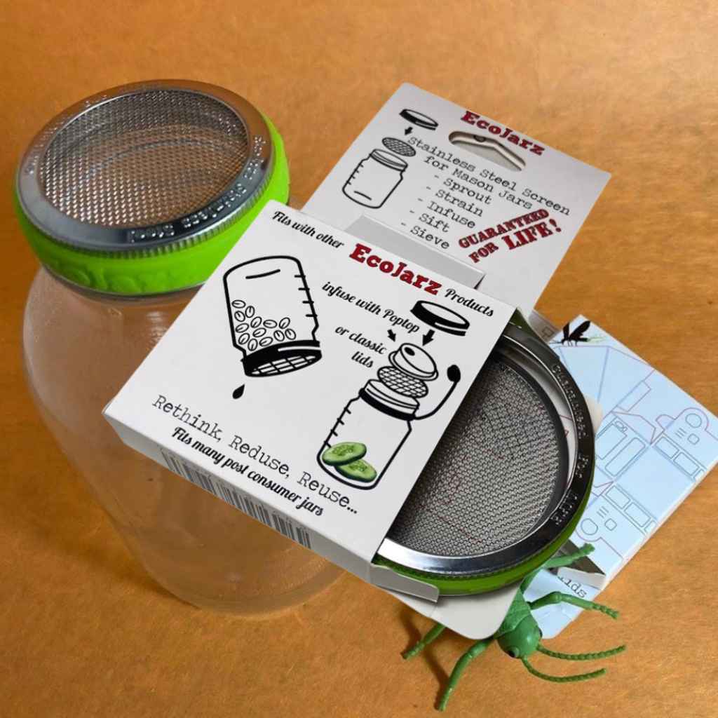 EcoJarz mason Jar bug hotel jar lid with mesh strainer. Turns any jar into a safe observation space and play area for bugs. Educational toy meant to encourage respect for wildlife and learn about habitats.