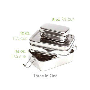 ECOlunchbox three-in-one classic stainless steel food containers. Nested plastic-free lunch box set.