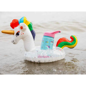 ecovessel kids insulated water bottle floating in colorful beach toy, unicorn design, rainbows