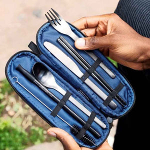 reusable cutlery set in zippered case with chopsticks, fork, knife, spoon, straw, cleaning brush, and case