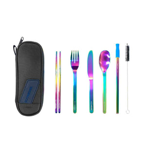 reusable cutlery set in zippered case with chopsticks, fork, knife, spoon, straw, cleaning brush, and case
