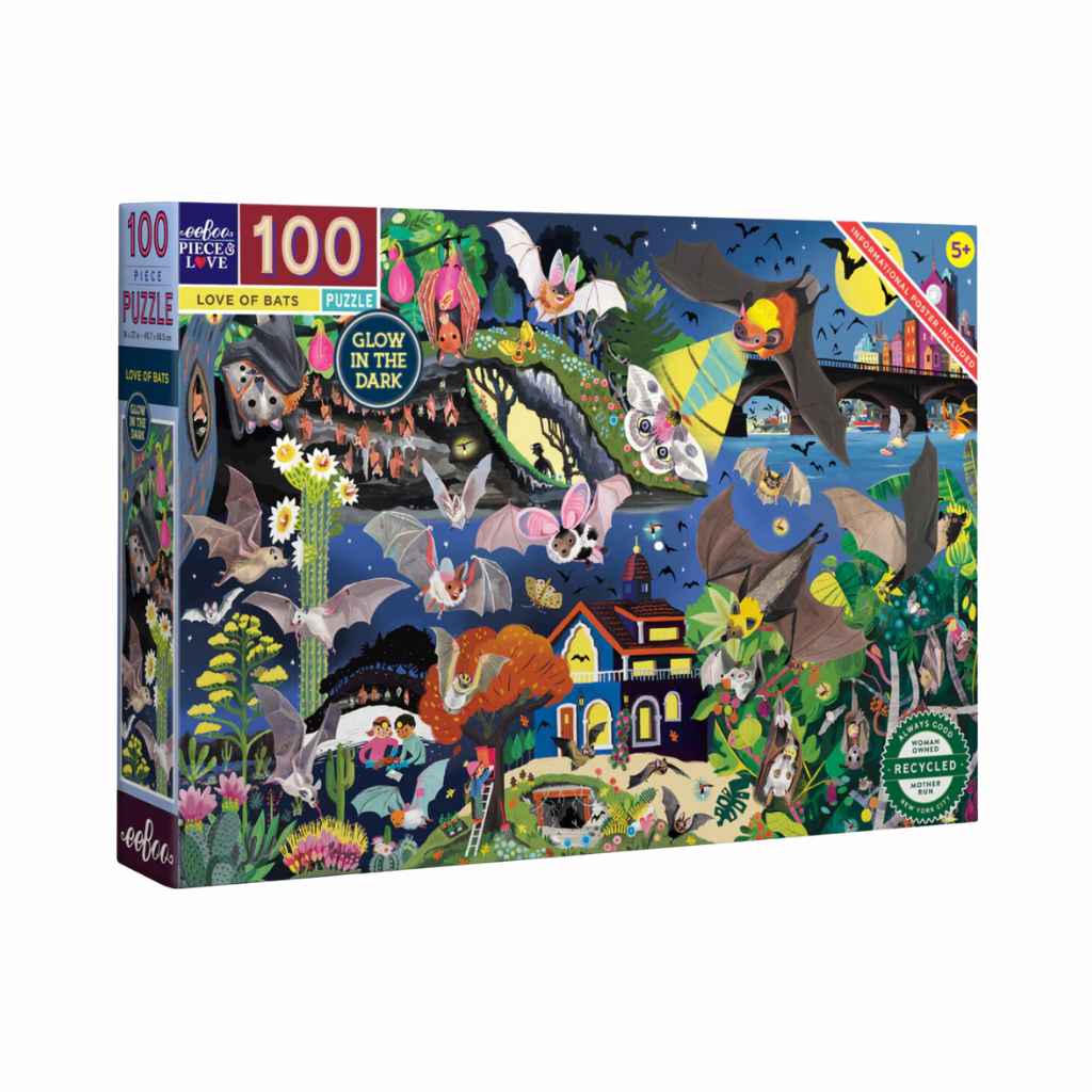 eeBoo 100 piece floor puzzle - LOVE OF BATS. Sustainably sourced &amp; made of recycled materials. Glow in the dark.