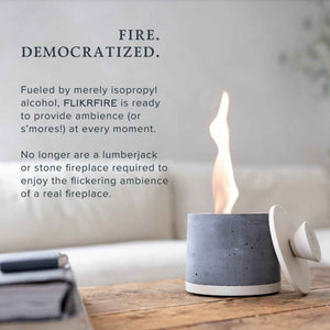 FLIKRFIRE Personal Tabletop Fireplace for Indoor/Outdoor use. Runs on Isopropyl Alcohol. Made in USA.