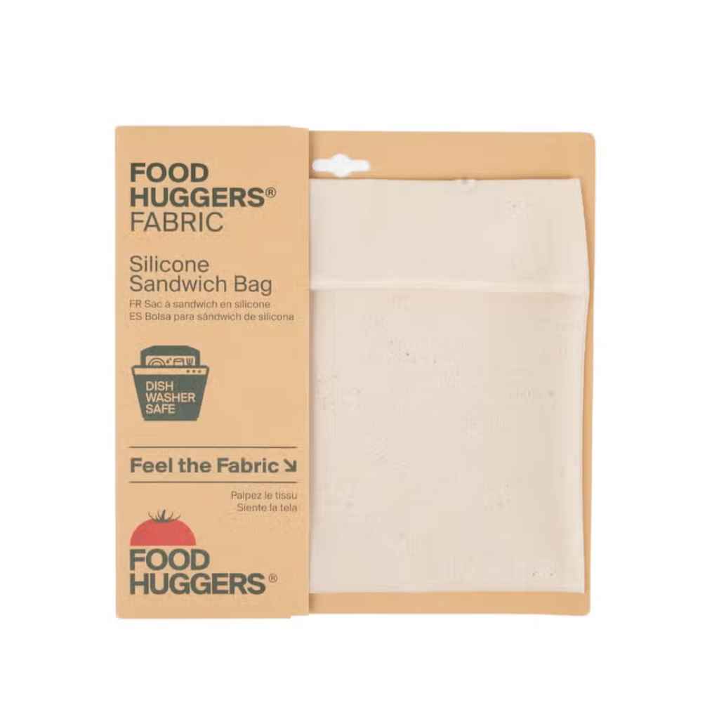 natural cotton fabric sandwich bag with silicone lining made by Food Huggers in kraft paper package