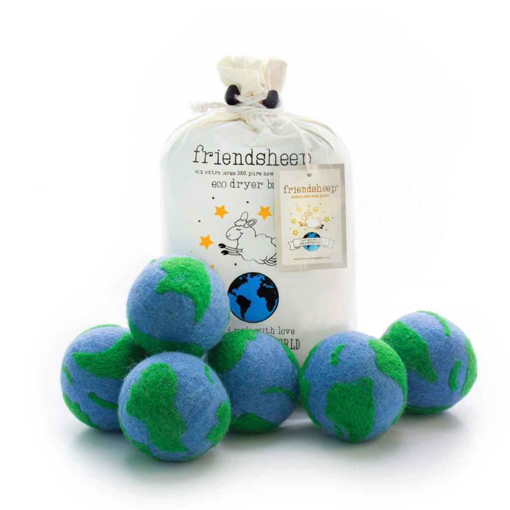 A set of 6 wool dryer balls designed to look like the earth in blue and green, with cloth bag. Made by Friendsheep