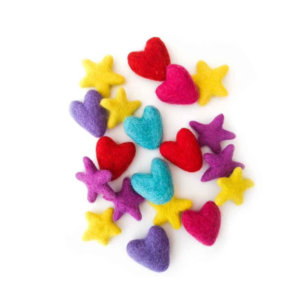 Small multicolored wool shapes (stars and hearts). Can be used with essential oils. made by Friendsheep