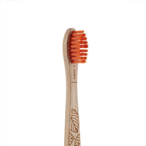 Close-up photo of the nylon bristles of Georganics beechwood toothbrush for kids