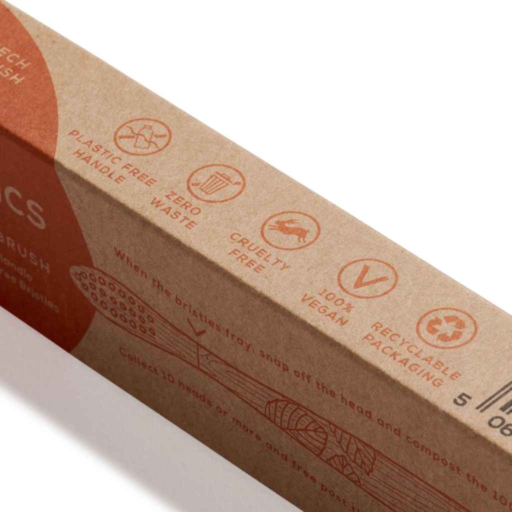 Recyclable cardboard packaging for Georganics sustainable vegan beechwood toothbrushes