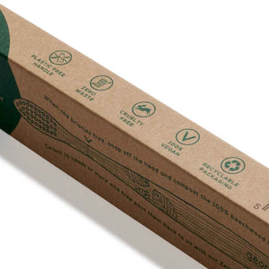 Recyclable cardboard box package for Georganics beechwood toothbrushes. Plastic-free handle, Zero waste, Cruelty Free, Vegan toothbrushes.