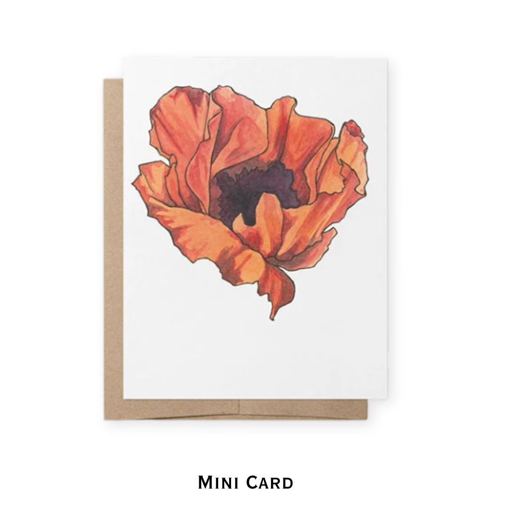 red poppy drawn with watercolor on white background on a mini card with kraft brown envelope.