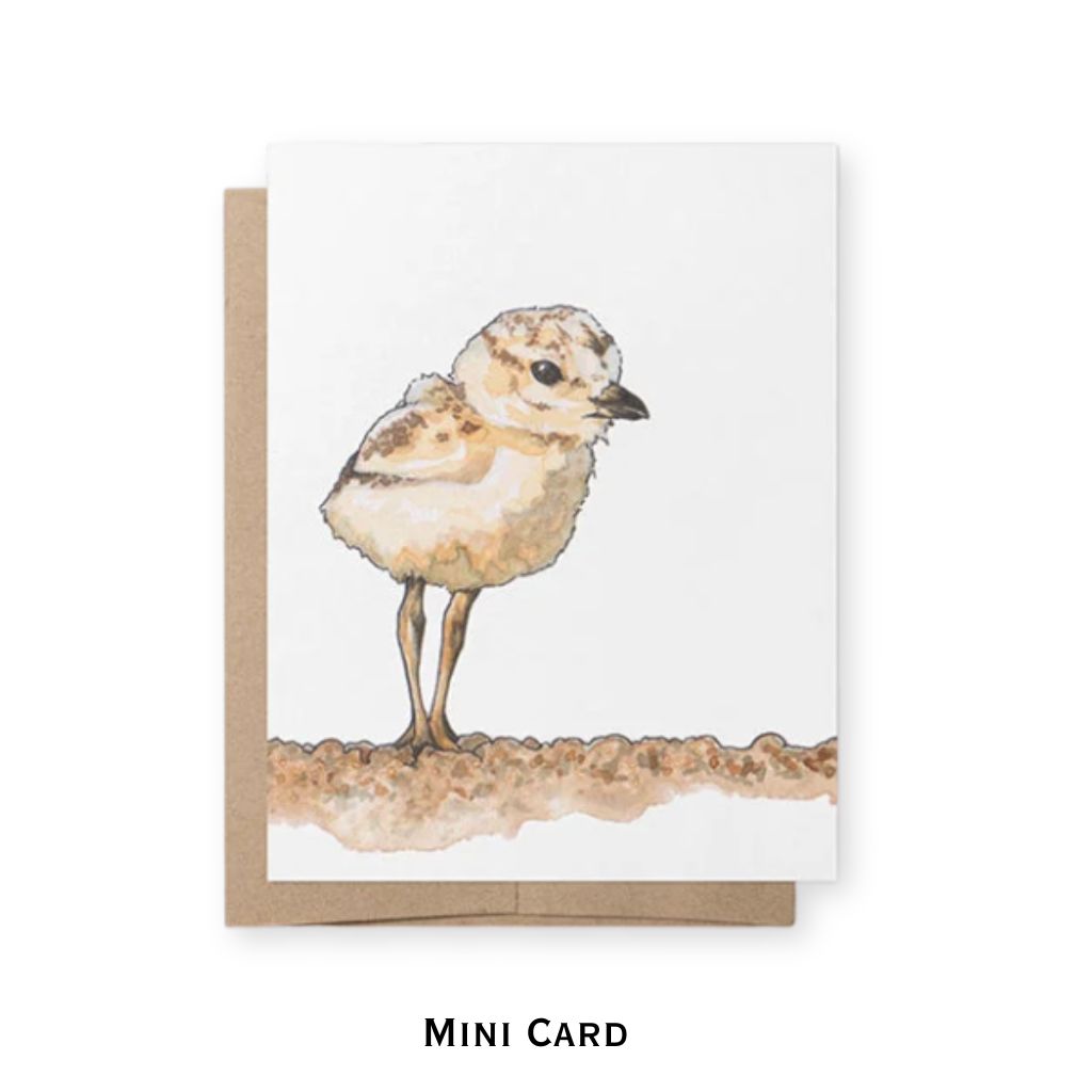 A mini greeting card featuring a watercolor illustration of a small sandy chick standing on a branch, shown with a brown kraft envelope on a white background. The text 'MINI CARD' is printed below.