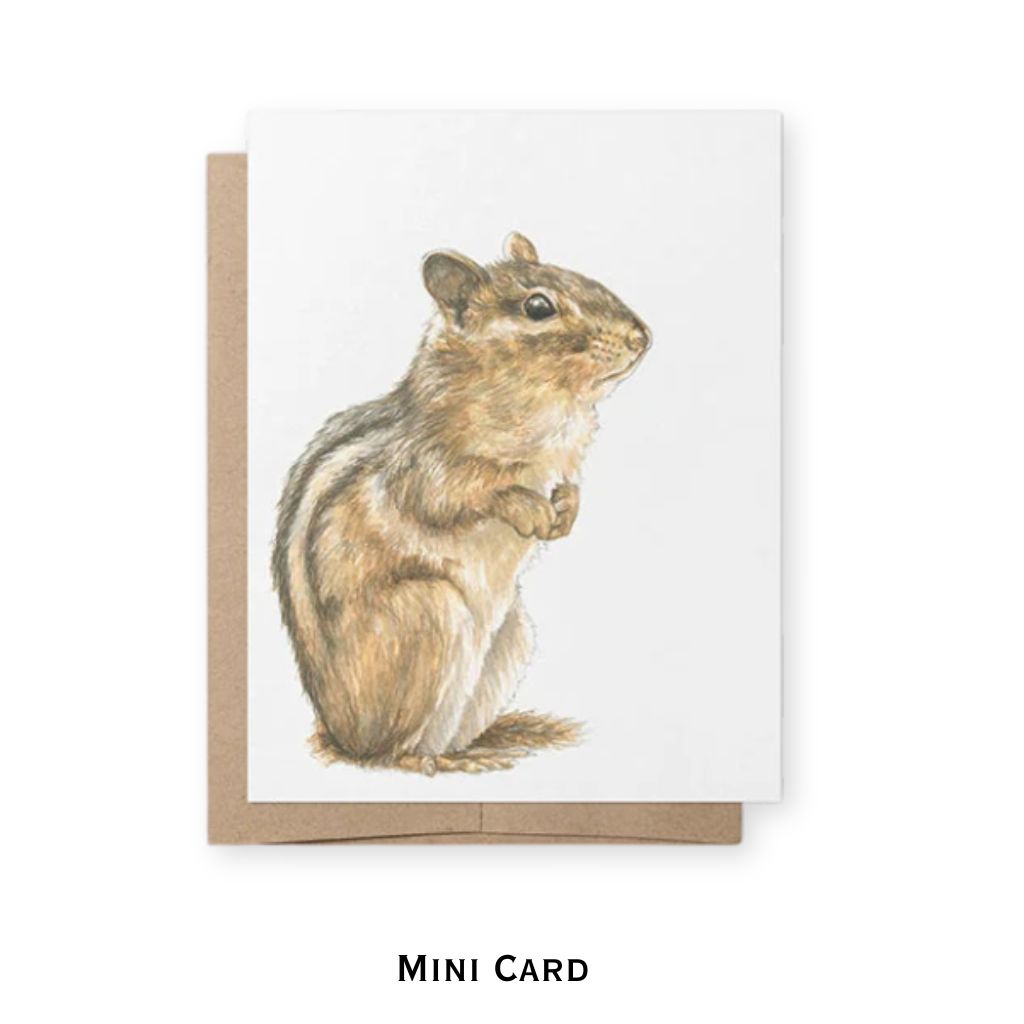 A mini greeting card featuring a watercolor-style illustration of a chipmunk on a white card, shown with a brown kraft envelope behind it on a light gray background. The text 'MINI CARD' appears below.