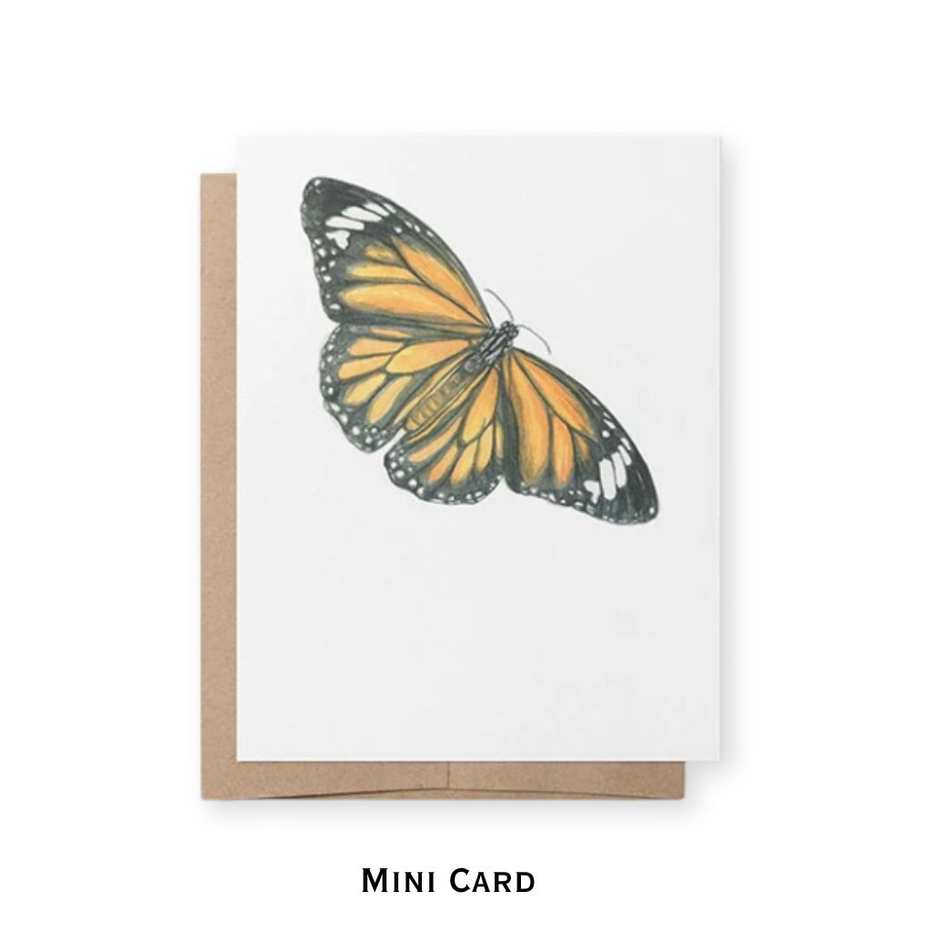 monarch butterfly on white mini card with white background and brown kraft paper envelope behind.