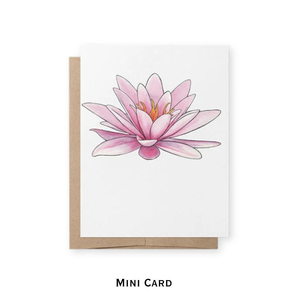 Pink lily on white mini card with kraft paper envelope behind.