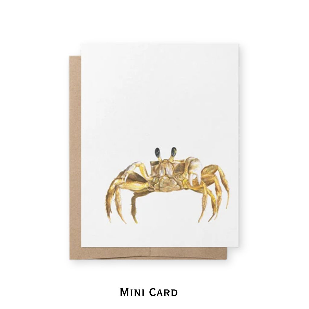 watercolor illustrated crab on white paper mini card with brown kraft paper envelope