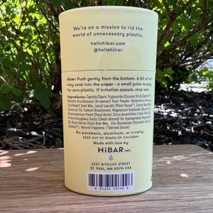 natural, plastic-free hibar deodorant, lavender and jasmine, showing the back side of the container and its ingredients