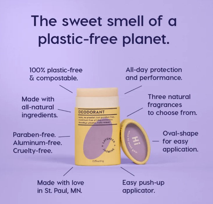 plastic-free deodorant, lavender, labeled with its features