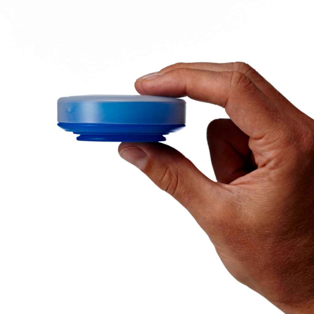 Collapsible reusable silicone travel cup and container - GoCup by humangear. 8oz. BPA-free, plastic-free.  Shown in blue, collapsed.