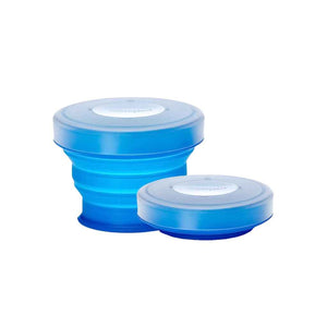 Collapsible reusable silicone travel cup and container - GoCup by humangear. 8oz. BPA-free, plastic-free.  Shown in blue both expanded and collapsed.