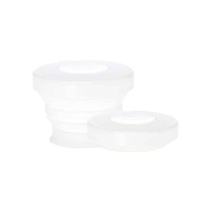 Collapsible reusable silicone travel cup and container - GoCup by humangear. 8oz. BPA-free, plastic-free. Shown in clear (which looks white!), both expanded and collapsed.