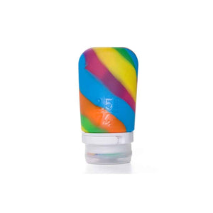 Refillable Silicone Squeeze Bottles for Travel made by humangear - GoToob+ is TSA approved for air travel. Designed in USA. Medium silicone squeeze bottle in Rainbow design.