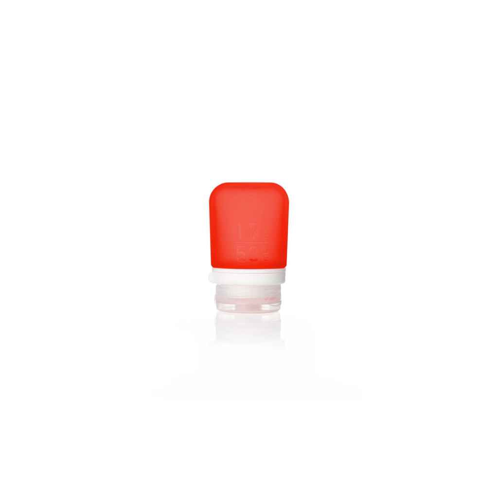 Refillable Silicone Squeeze Bottles for Travel made by humangear - GoToob+ is TSA approved for air travel. Designed in USA. Small red bottle.