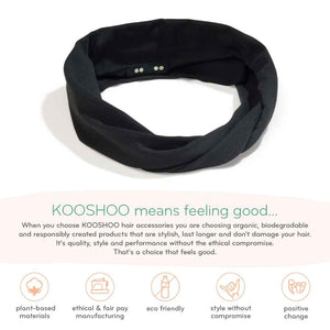 KOOSHOO™ hair accessories brand benefits - organic, biodegradable, responsibly sourced, fairtrade certified, plant-based, ethical manufacturing, eco-friendly