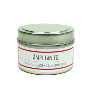 100% All-natural soy candle with hemp wick in tin with lid, American Pie scent by Lit Up Candle Co, A blend of freshly chopped apples and juicy pears fall into a graham cracker crust made of ginger and warm sugar. Soy wax, non-toxic, hand crafted candles made in USA. 3oz recyclable tin container with lid.