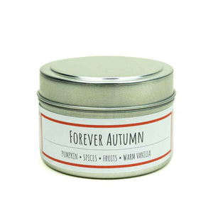 100% All-natural soy candle with hemp wick in tin with lid, Forever Autumn scent by Lit Up Candle Co, A blend of orange, apple, pear, pineapple, and cherries top off a spicy base of pumpkin, cinnamon, nutmeg, and clove with undertones of warm vanilla. Soy wax, non-toxic, hand crafted candles made in USA. 3oz recyclable tin container with lid.