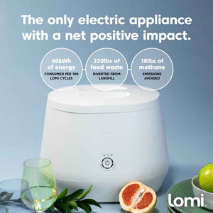 Lomi Kitchen Countertop Composter appliance has a net positive impact, low energy usage, diverts waste from landfills, reduces methane emissions