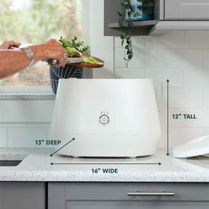 Lomi Kitchen Countertop Composter appliance shown with its dimensions
