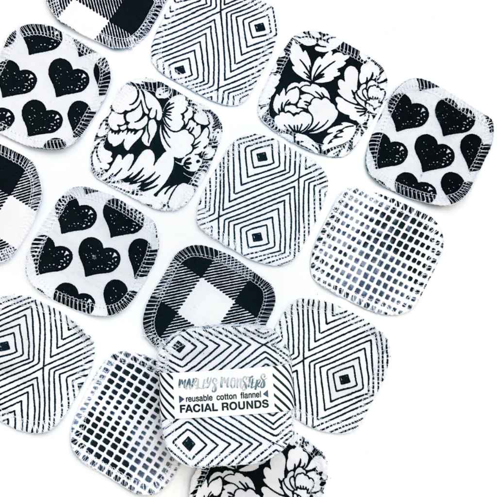 Marley's Monsters Reusable Facial Rounds -100% Cotton, Monochrome designs in Black and White geometric shapes, lines, and patterns, 10-pack--What's Good