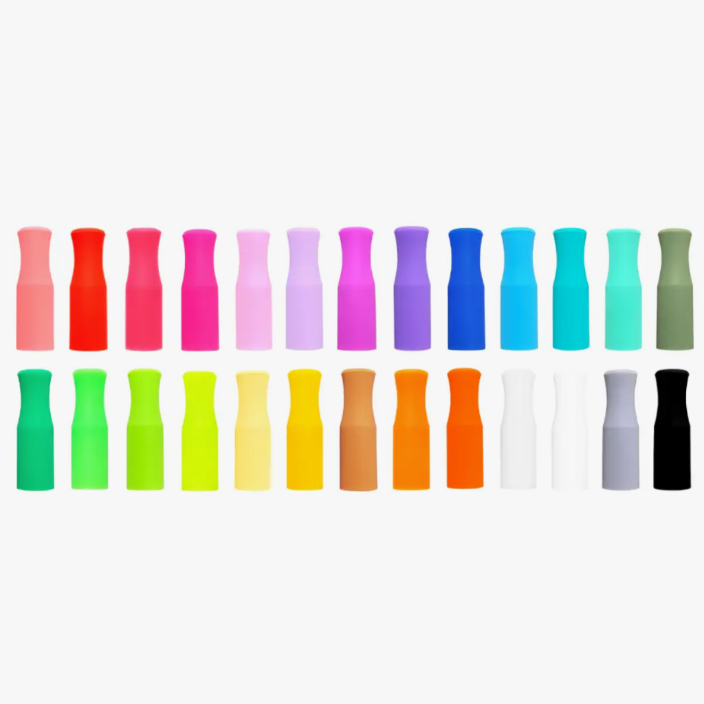 large silicone straw tip accessories shown in a variety of colors, fitting 12mm wide reusable straws