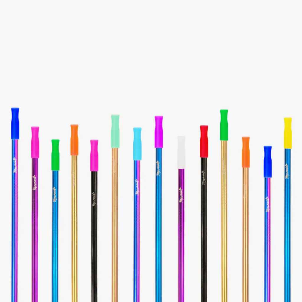 small silicone straw tip accessories shown in a variety of colors, fitting 6mm wide reusable straws