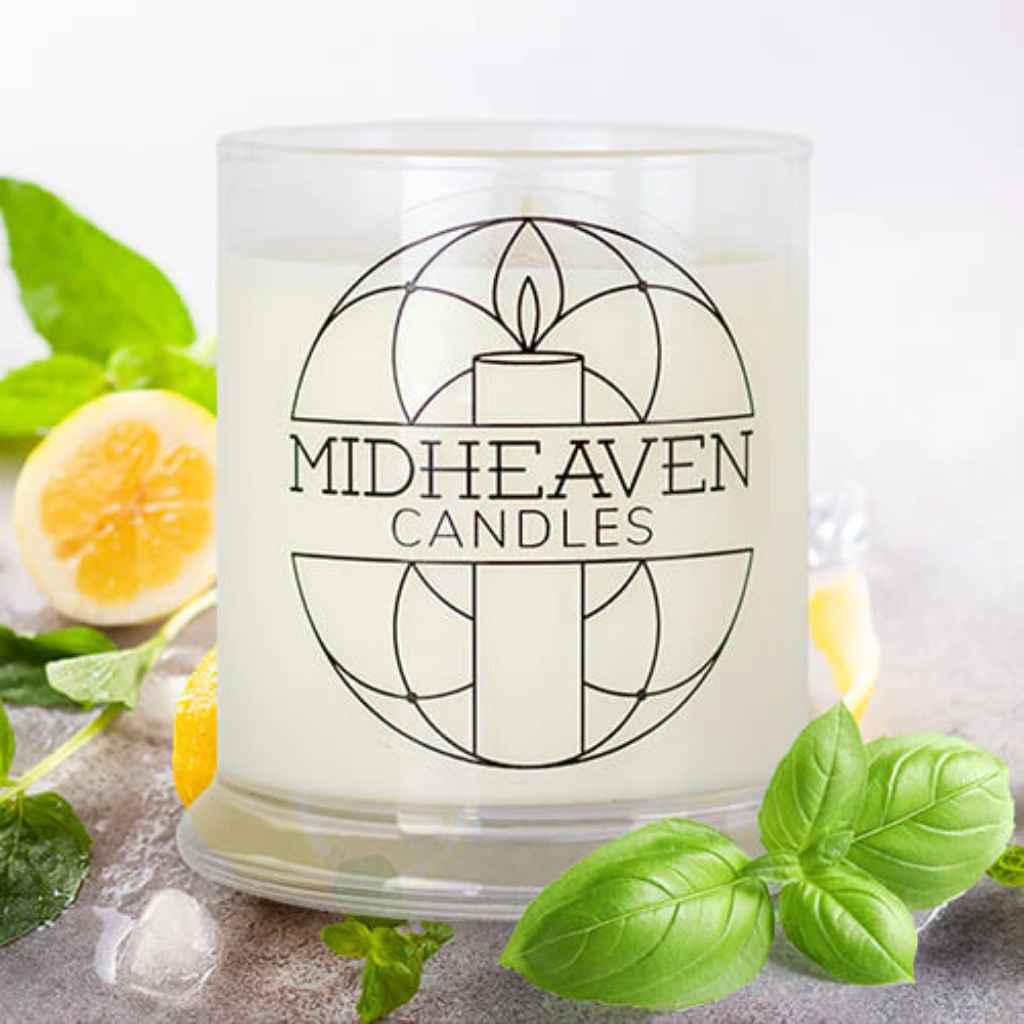 Soy candle with Citrus Basil essential oils made by Midheaven Candles.
